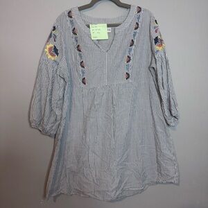 Knox Rose Blue Striped Tunic with Embroidered Sleeves